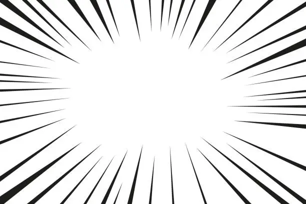 Vector illustration of Manga line action effect radial rays, burst frame comic book motion black and white, monochrome style, anime super hero decoration, speed or explosion design. Vector illustration