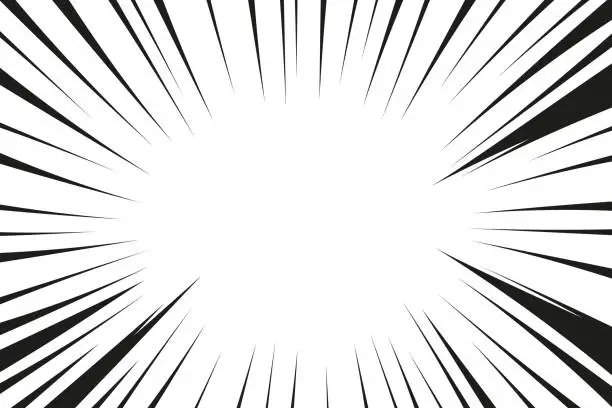 Vector illustration of Manga line action effect radial rays, burst frame comic book motion black and white, monochrome style, anime super hero decoration, speed or explosion design. Vector illustration