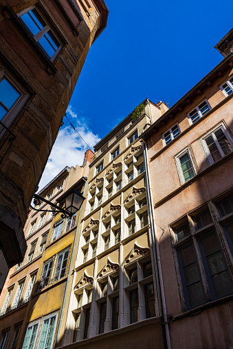 Facade of a richly decorated building on Rue Saint-Jean in Old Lyon