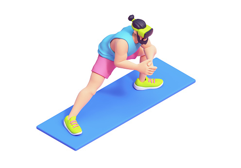 Young cute smiling bearded brunette man in VR glasses wears sportswear pink shorts, blue tank top, green sneakers doing dynamic warm-up exercises side lunges on mat. 3d render isolated white backdrop