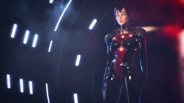 istock 3d render brunette cyberpunk girl in sci-fi suit. 2093839897