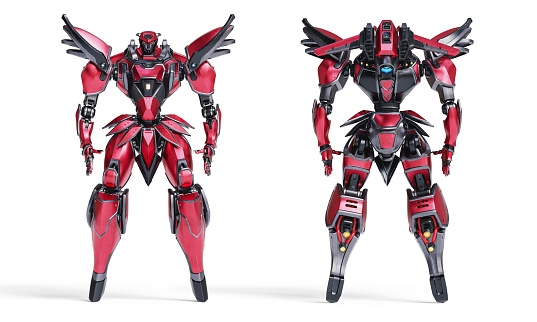 Full body science-fiction mech samurai warrior with black red scratched armor metal, jetpack. Concept art of big military robot with heavy armor. Front and Back view. 3d render isolated white backdrop