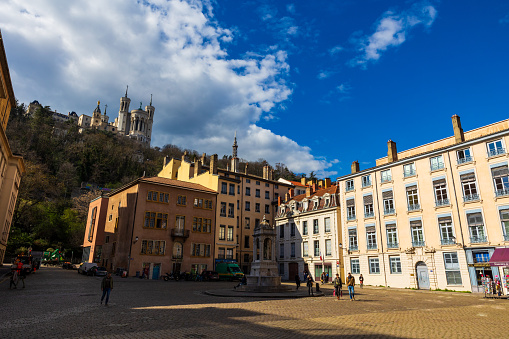 Place Saint-Jean, in front of Lyon Cathedral, dominated by Fourvière Hill and its basilica