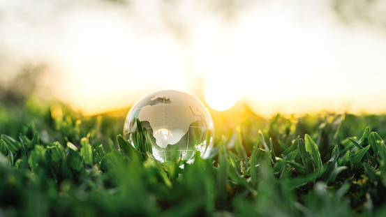 B roll - Glass crystal globe on the green grass nature in sunset, concept for environment and conservatio