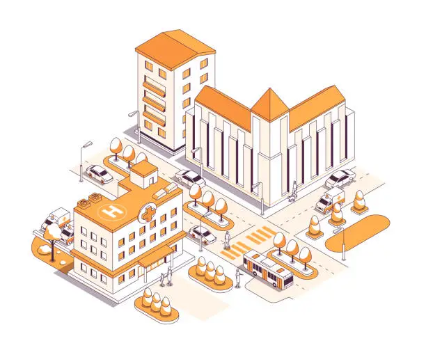 Vector illustration of Public buildings on the street - vector isometric illustration