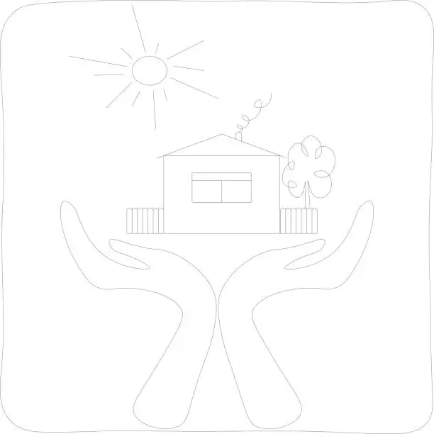 Vector illustration of Human hands hold the outline of the house. Social support, charity, donations, insurance, assistance, security. The concept of housing provision