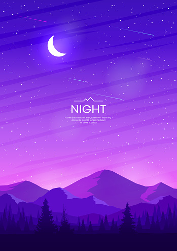 Mountains and forest on the background of a bright sky. Sunset in pink and purple colors. Moon and stars. Night landscape. Design for poster, background, cover, card, flyer. Vector illustration.