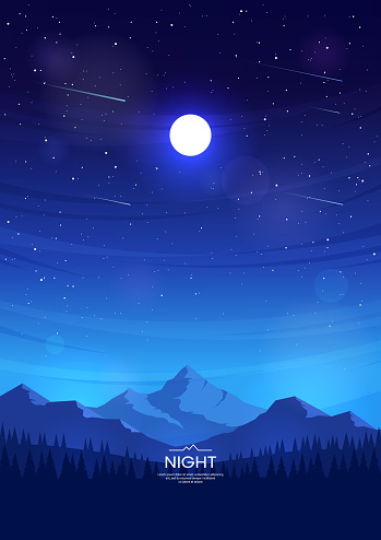 Vertical vector poster. Nocturne. Full moon and stars, night sky. Mountains and forest. The mountain tops are illuminated by the moonlight. Cover design, postcard, invitation, flyer, background.
