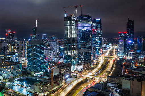 Warszawa, Poland - January 27, 2024: Modern cityscape of Warszawa at night, capital city of Poland.
