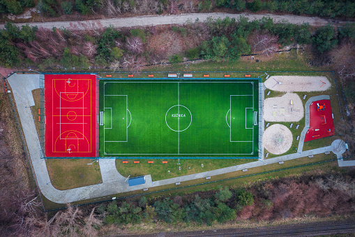 Kuznica, Poland - March 2, 2024: View from above of the all-season football pitch in Kuznica, Hel peninsila. Poland