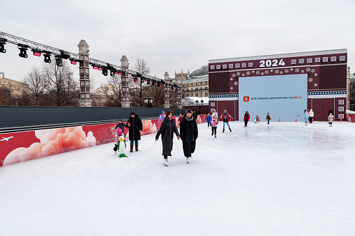 Moscow, Russia – March 15, 2024: Skating rink on Revolution Square in Moscow