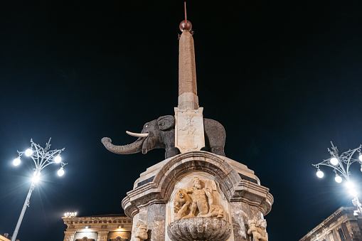Fountain of the Elephant in the center of Piazza del Duomo in the Sicilian city of Catania, Italy at night.