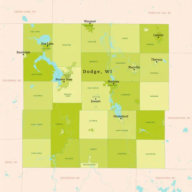 Vector illustration of WI Dodge County Vector Map Green