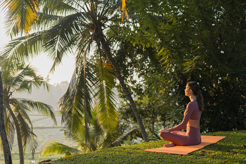 Young woman performs yoga in tropical rainforest in morning light