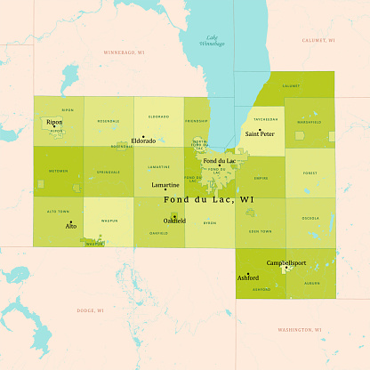 WI Fond Du Lac County Vector Map Green. All source data is in the public domain. U.S. Census Bureau Census Tiger. Used Layers: areawater, linearwater, cousub, pointlm.