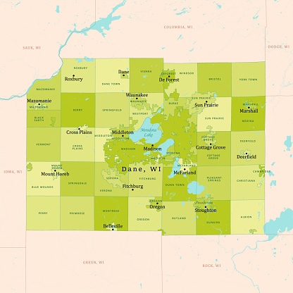 WI Dane County Vector Map Green. All source data is in the public domain. U.S. Census Bureau Census Tiger. Used Layers: areawater, linearwater, cousub, pointlm.