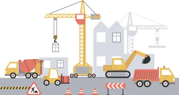 Vector illustration of Construction site, building a house. Working process. Tower crane, excavator, and various heavy machinery.