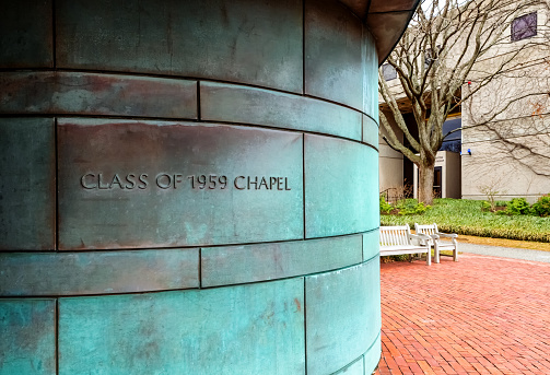 Boston, Massachusetts, USA - March 10, 2024: Close-up of wall and name of the Class of 1959 Chapel on the Harvard Business School campus. Completed in 1992, it is used for non-denominational services, ceremonies, and concerts.