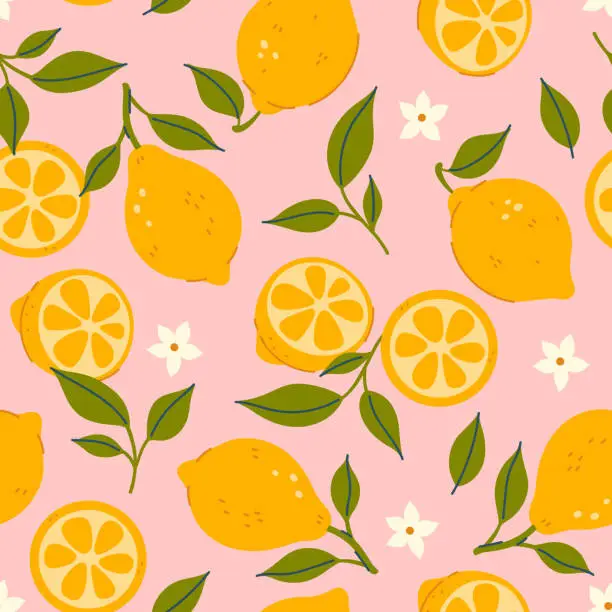 Vector illustration of Simple seamless pattern with lemons on a pink background. Vector graphics.