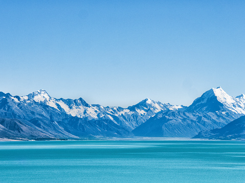 Beautiful view of Mount Cook across the lake Pukaki in the morning light