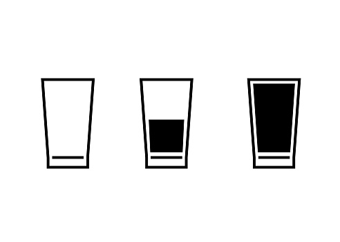 Glasses of water with different measure, icon set. Simple signs different levels of water. Full, half full, empty glass. Vector illustration