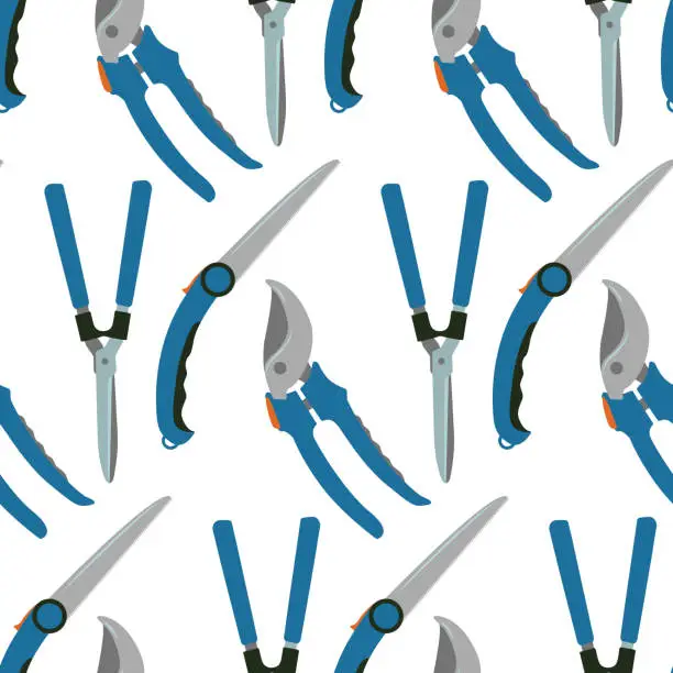 Vector illustration of Seamless pattern with garden tools. Secateurs, saw, scissors