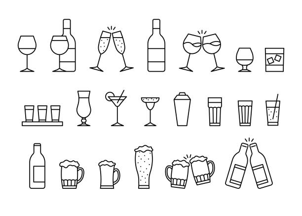 Glass cup for alcohol drink, clink celebration toast, line empty icon set. Beverage, cocktail in beer mug, wineglass, cup, other drink glassware. Outline of glass utensil, editable stroke. Vector Glass cup for alcohol drink, clink celebration toast, line empty icon set. Beverage, cocktail in beer mug, wineglass, cup, other drink glassware. Outline sign of glass utensil, editable stroke. Vector celebratory-toast stock illustrations