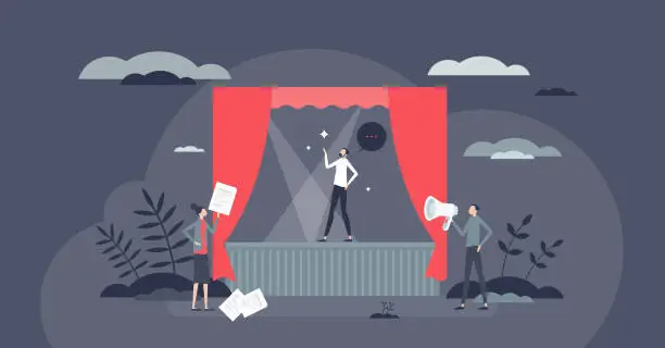 Vector illustration of Theater rehearsal and dramatic performance on stage tiny person concept