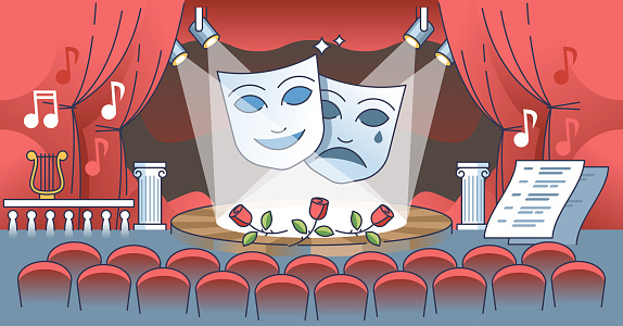 Theater performance with acting show on classical stage outline concept. Entertainment with drama, opera or comedy presentation vector illustration. Stage with red curtain and decoration for act.