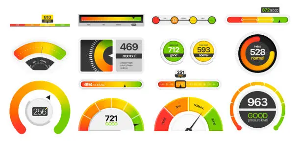 Vector illustration of Gauges measuring scale. Progress bar and tachometer dials, energy level and speedometer, quality rating and score infographic. Vector set