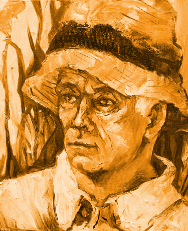 artistic illustration oil painting in sepia impressionism portrait of a man in a straw hat and a light shirt of a summer landscape with flowers