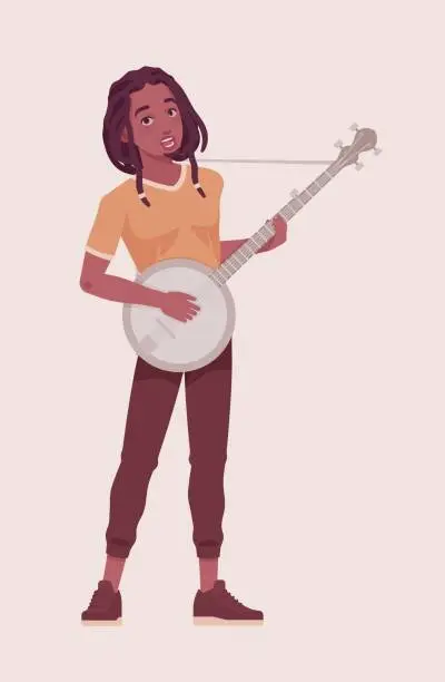 Vector illustration of Long ethnic dreadlocks man, afro guy playing banjo music song