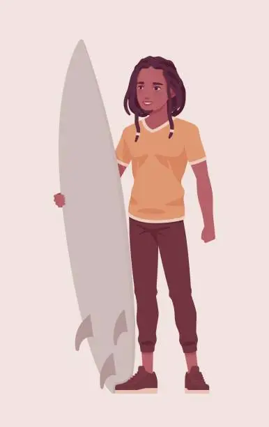 Vector illustration of Long ethnic dreadlocks man, afro guy standing with surf board