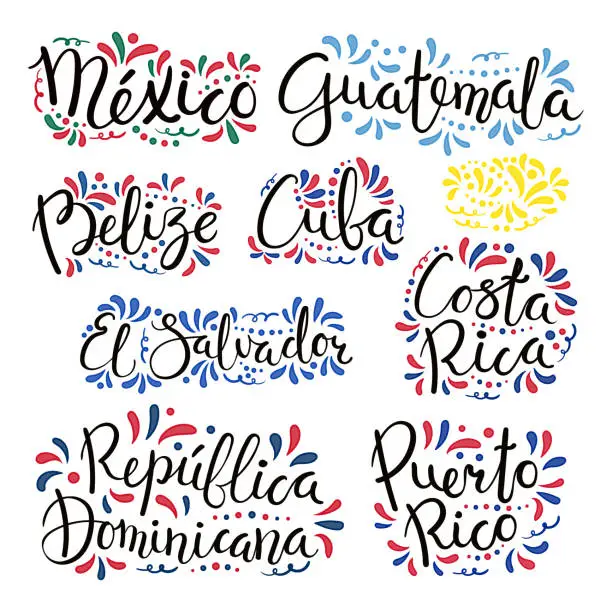 Vector illustration of Latin American countries lettering