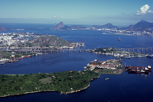 Aerial view of the shipyard area in Niteroi and the city of Rio de Janeiro in the background.