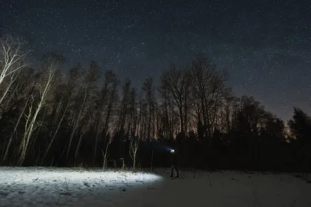 Male traveler with a headlamp in a winter night forest. Landscape astrophotography. High quality photo
