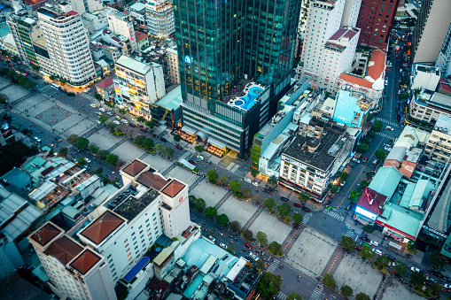 An overview capture of the dynamic cityscape of Saigon, showcasing the harmony of modern buildings and busy streets.