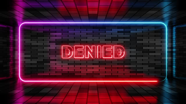 Neon sign denied in speech bubble frame on brick wall background 3d render. Light banner on the wall background. Denied loop cancel or reject, design template, night neon signboard