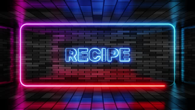 Neon sign recipe in speech bubble frame on brick wall background 3d render. Light banner on wall background. Recipe loop termination or end, design template, night neon signboard