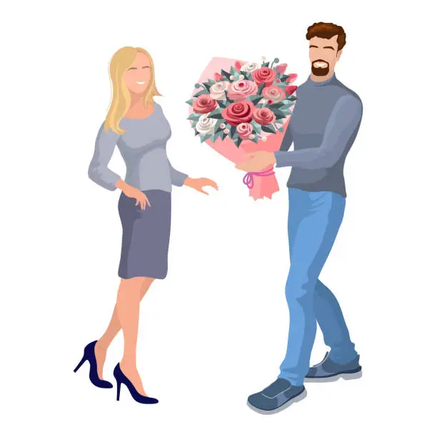 Vector illustration of A man with a bouquet and a girl. Isometric vector.