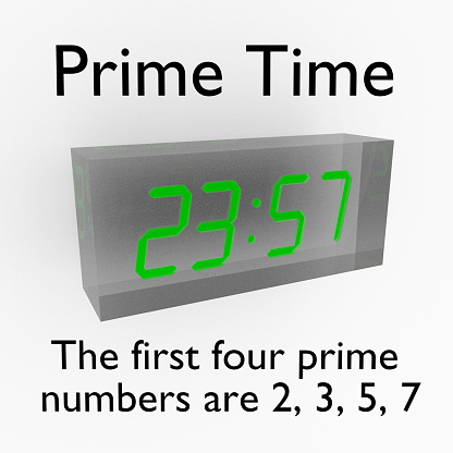 Prime Time concept3D illustration of a digital clock dispaying the time 23:57, three minutes before midnight. Incidentally, the numbers 2, 3, 4, 5 are the first four prime numbers.