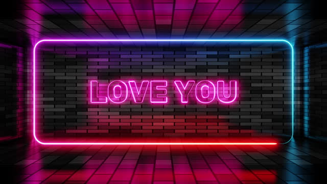 Neon sign love you in speech bubble frame on brick wall background 3d render. Light banner on the wall background. Love you loop for valentines day, design template, night neon signboard