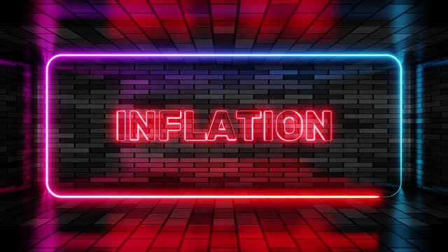 Neon sign inflation in speech bubble frame on brick wall background 3d render. Light banner on wall background. Inflation loop depreciation of money, design template, night neon signboard