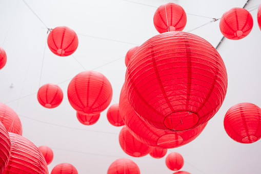 Red Chinese lanterns hanging in the city, Chengdu, Sichuan province, China
