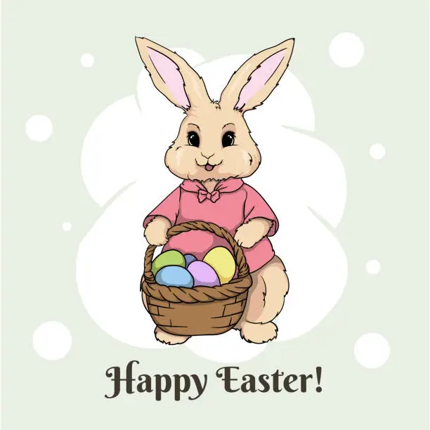 Vector illustration of Cute Easter bunny holding a basket with colored eggs. Easter card. Bright vector illustration