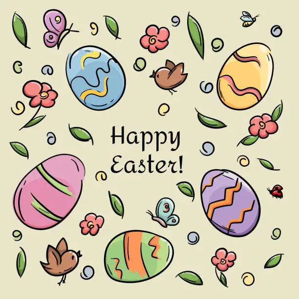 Vector illustration of Vector illustration with colored eggs, flowers and leaves. Happy Easter text. Bright Easter card