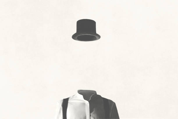 Illustration of portrait of invisible man with hat, surreal concept of invisibility Illustration of invisible man with bowler, surreal concept of invisibility one point perspective person stock illustrations