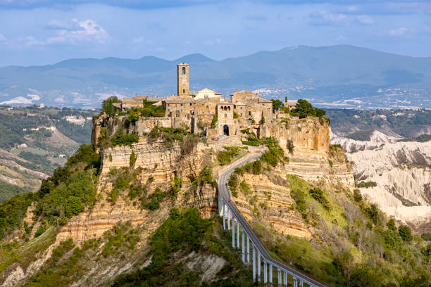 Scenic view of Civita di Bagnoregio, a medieval town built on top of a tuff rocky hill in Viterbo province, Lazio, Italy