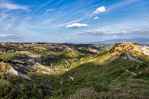 Scenic view of Civita di Bagnoregio, a medieval town built on top of a tuff rocky hill in Viterbo province, Lazio, Italy