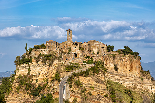 Scenic view of Civita di Bagnoregio, a medieval town built on top of a tuff rocky hill in Viterbo province, Lazio, Italy